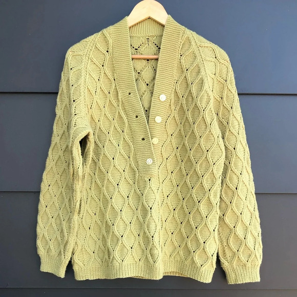 Vintage Hand Knit - Lattice Design knitted Sweater - yellow/green - L - Picture 1 of 6